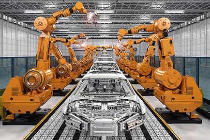 automotive robotic assembly line with car frames in a line