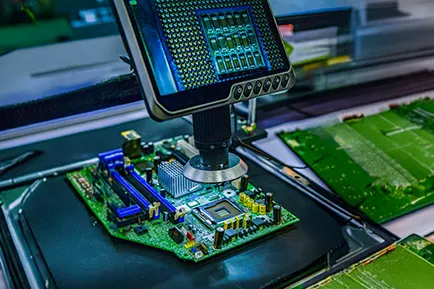 A PCB being inspected with a digital microscope system